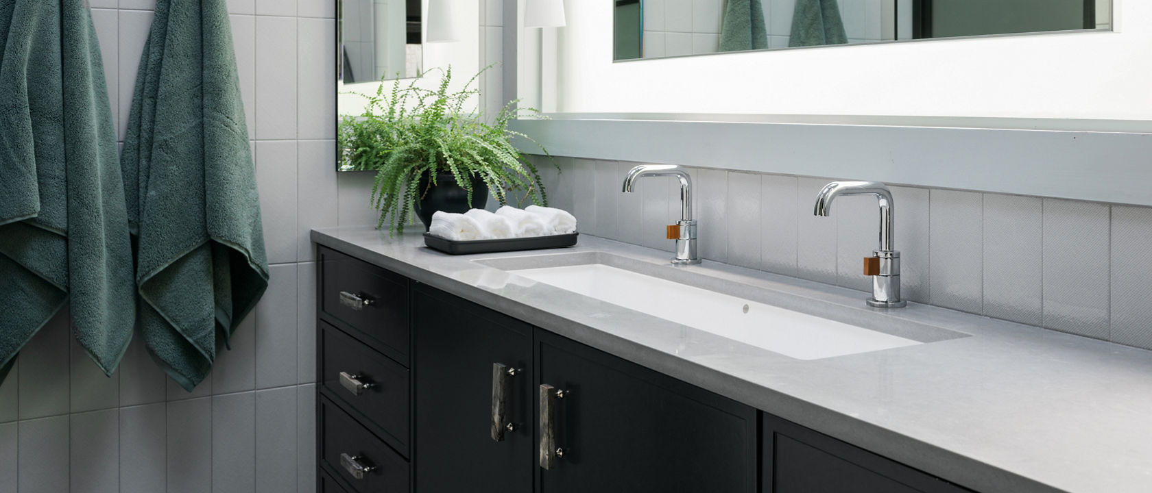 Brown Floating Bath Vanity with Brass Knobs - Transitional - Bathroom