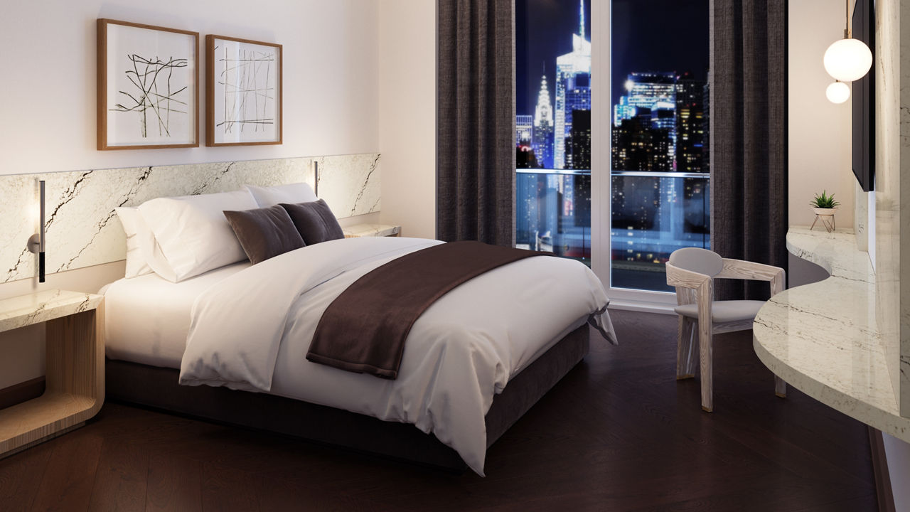 A hotel room with a Cashel quartz backsplash