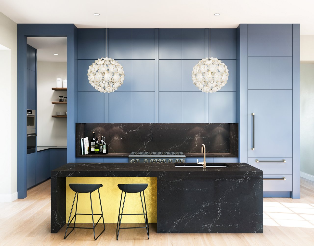 Modern kitchen with blue cabinets and hanging light fixtures with Charlestown quartz countertops and backsplash