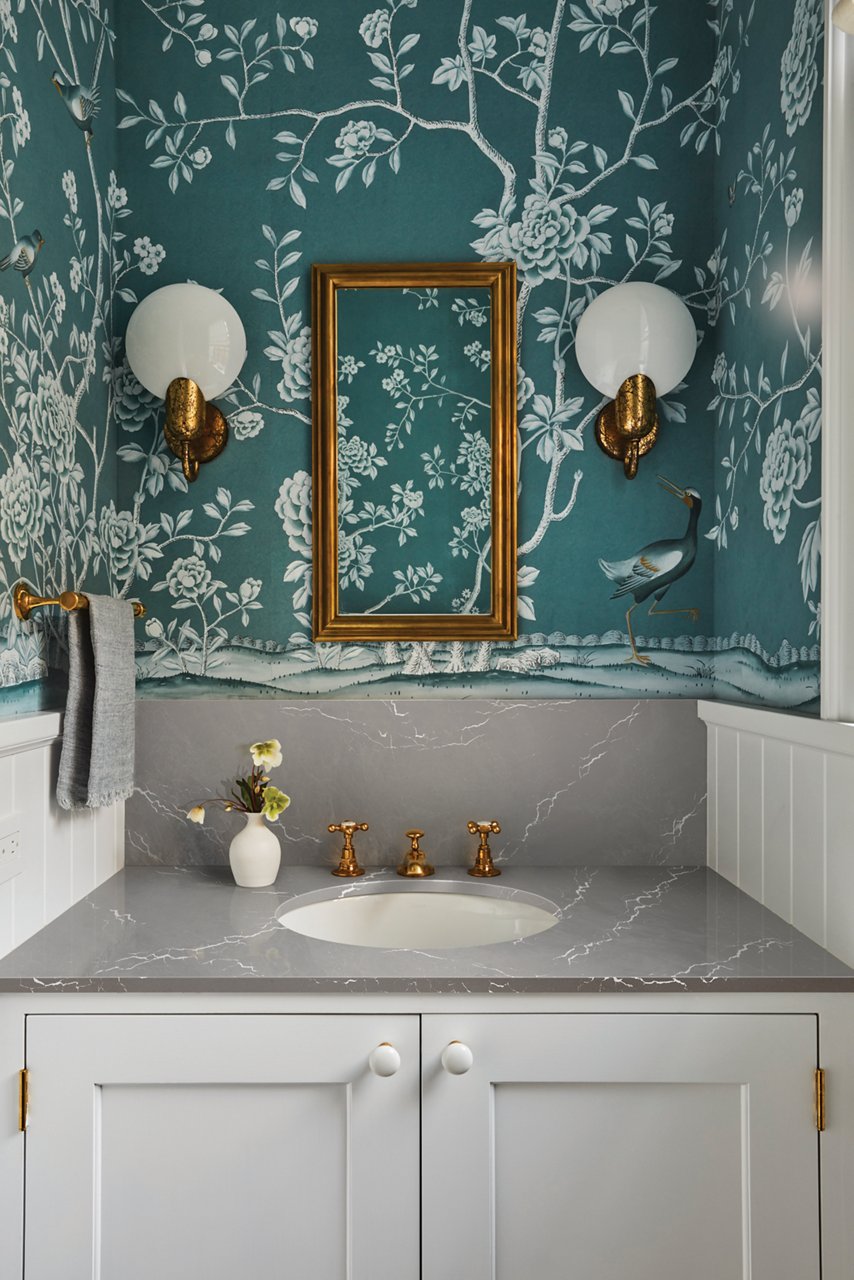 Bathroom vanity featuring a Cambria Clare quartz countertop and backsplash.