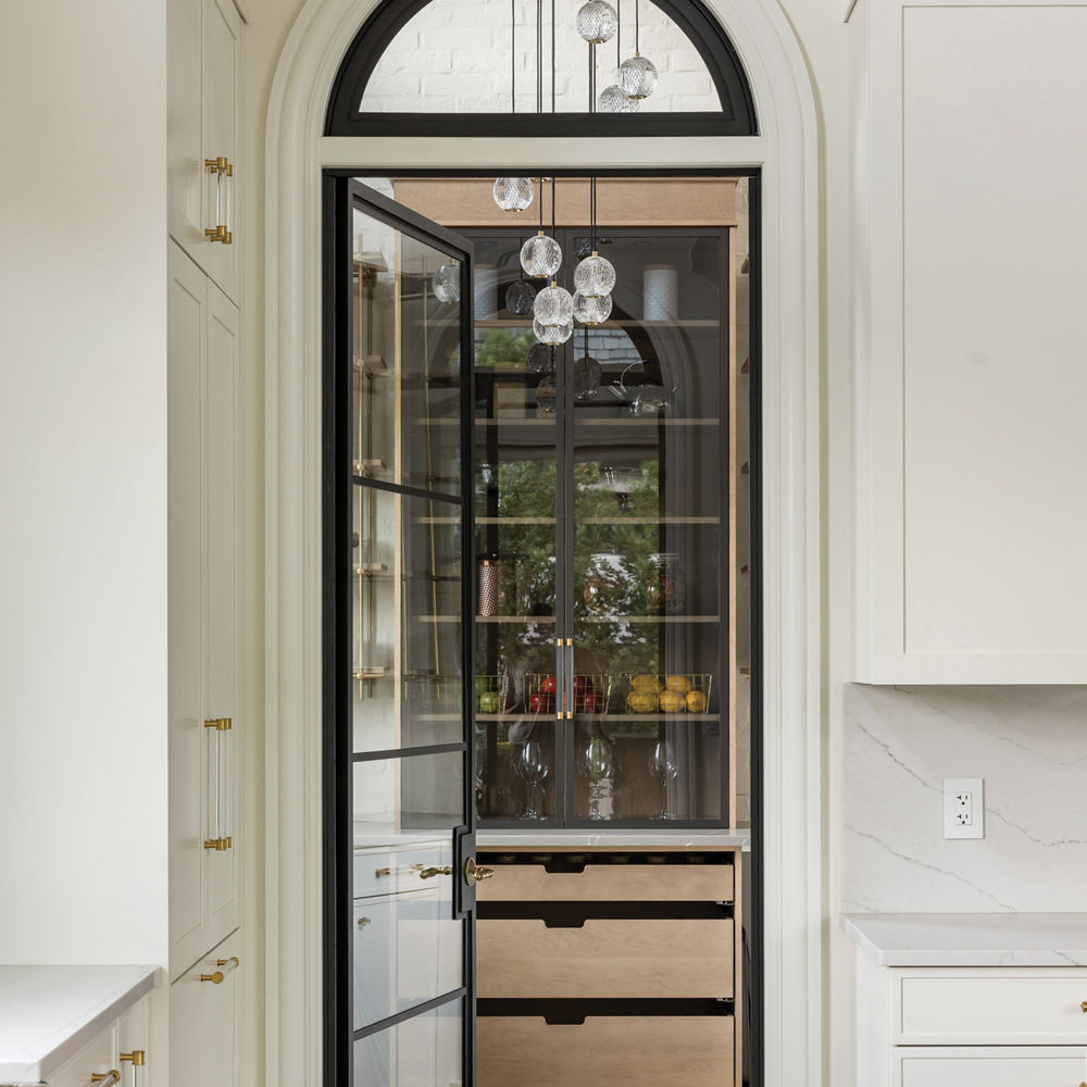 A stylish butler's pantry with Cambria Elle Matte quartz backsplash