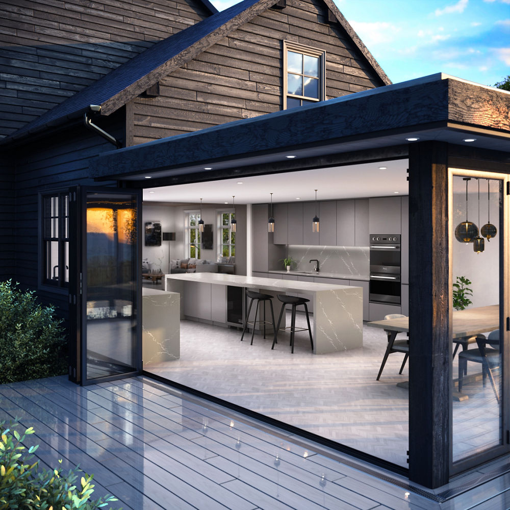 A light gray kitchen from an outside view with Clare quartz countertops and backsplash