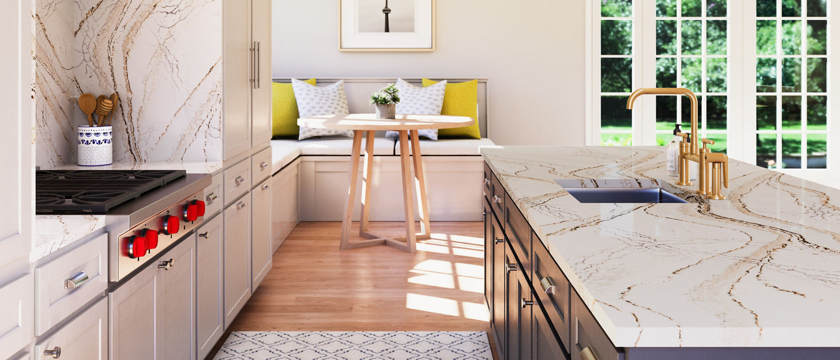 Kitchen with white cabinets featuring an island with Cambria Clovelly quartz countertops.