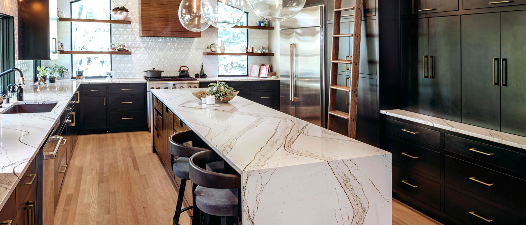Cambria Clovelly quartz waterfall countertop in kitchen