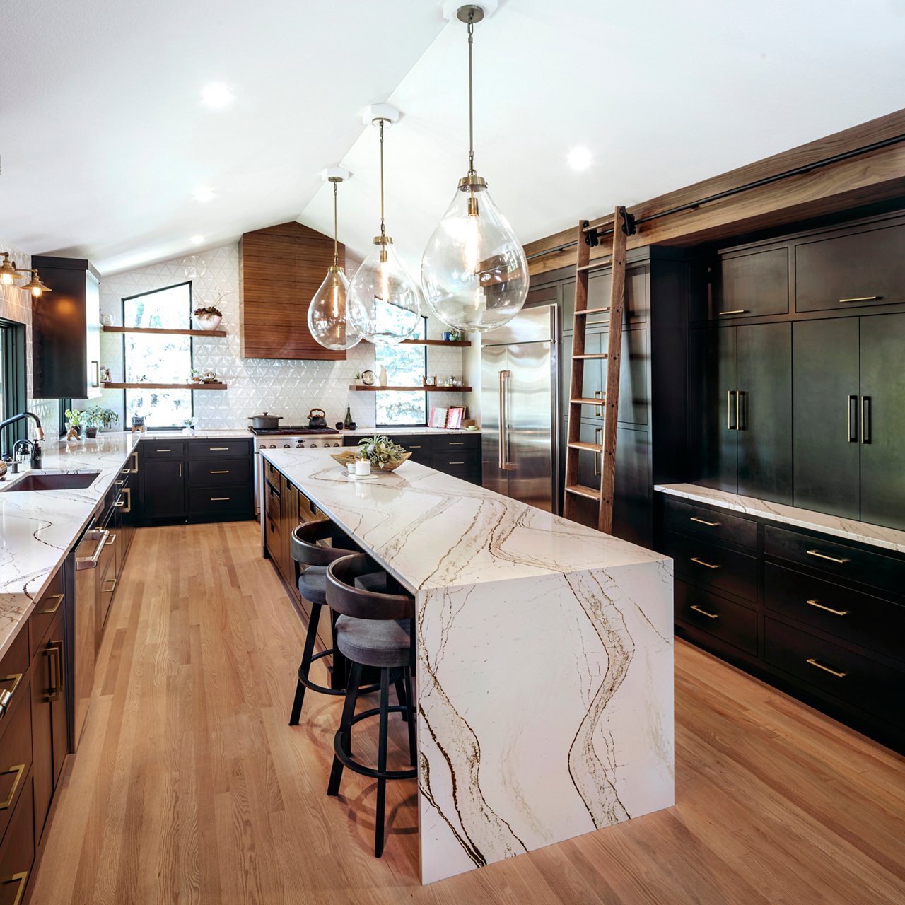 Cambria Clovelly quartz waterfall countertop in kitchen