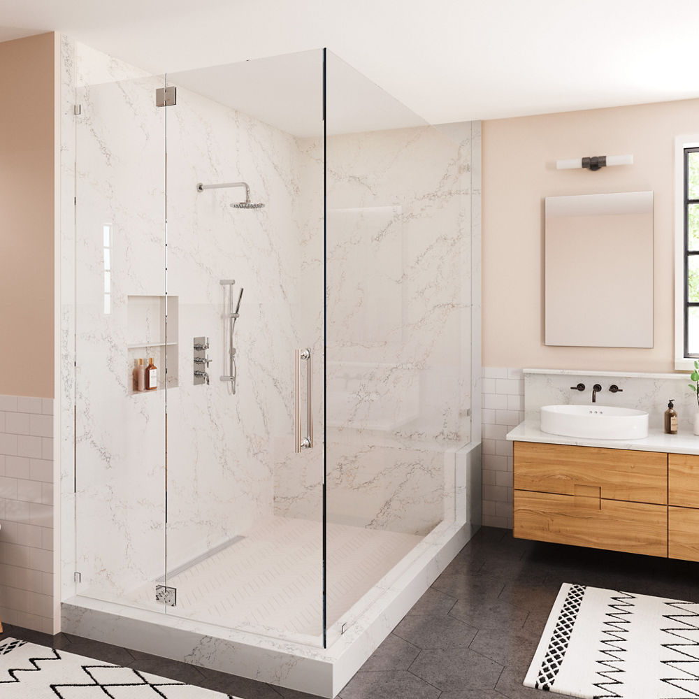 A shower in a bathroom with siding featuring Cambria Colton quartz.
