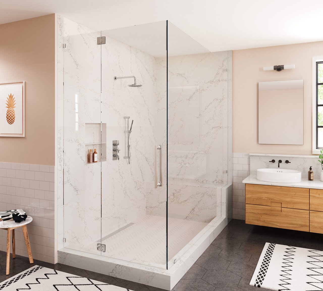 A shower in a bathroom with siding featuring Cambria Colton quartz.