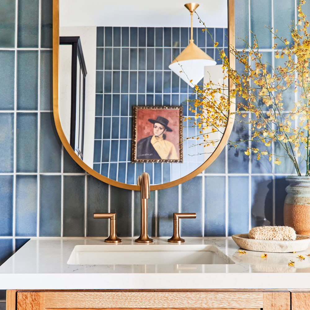 A bathroom vanity featuring a Cambria Colton quartz countertop.