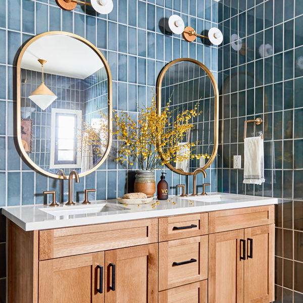 Colton quartz bathroom countertop in blue bathroom.