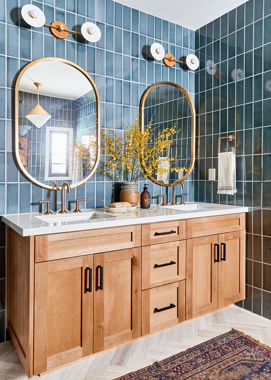 Colton quartz bathroom countertop in blue bathroom.