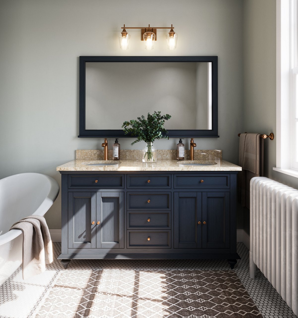 a bathroom with black cabinets, beige quartz countertops with two sinks, a rectangular black mirror with black trim, and an overhead wall light.