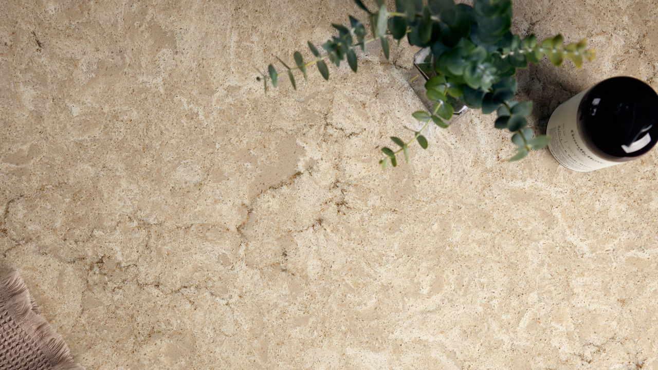 a close up view of Cambria's Copeland™ quartz countertops.