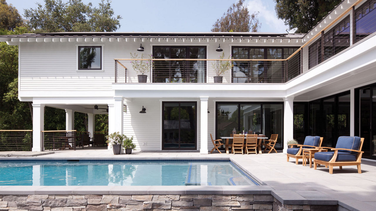 A shot of Tim Dekay's outdoor pool and patio.
