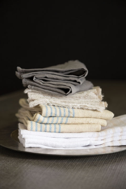 Savannah fringed linnen napkins, Agraian linen napkins, and Strip cotton napkin