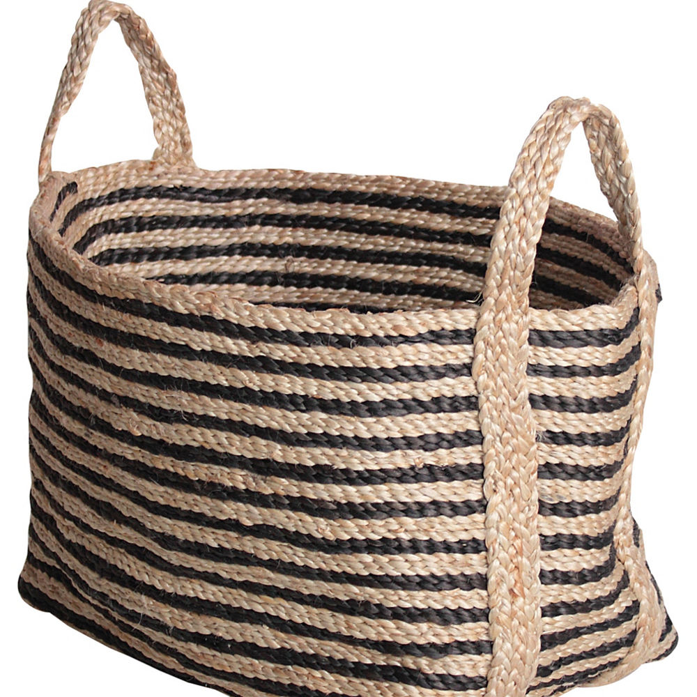 Small jute floor basket with charcoal stripe