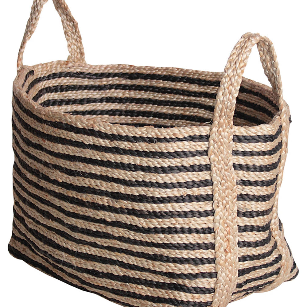 Small jute floor basket with charcoal stripe