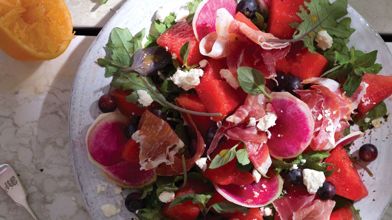 Watermelon, Blueberry, and Proscuitto Salad