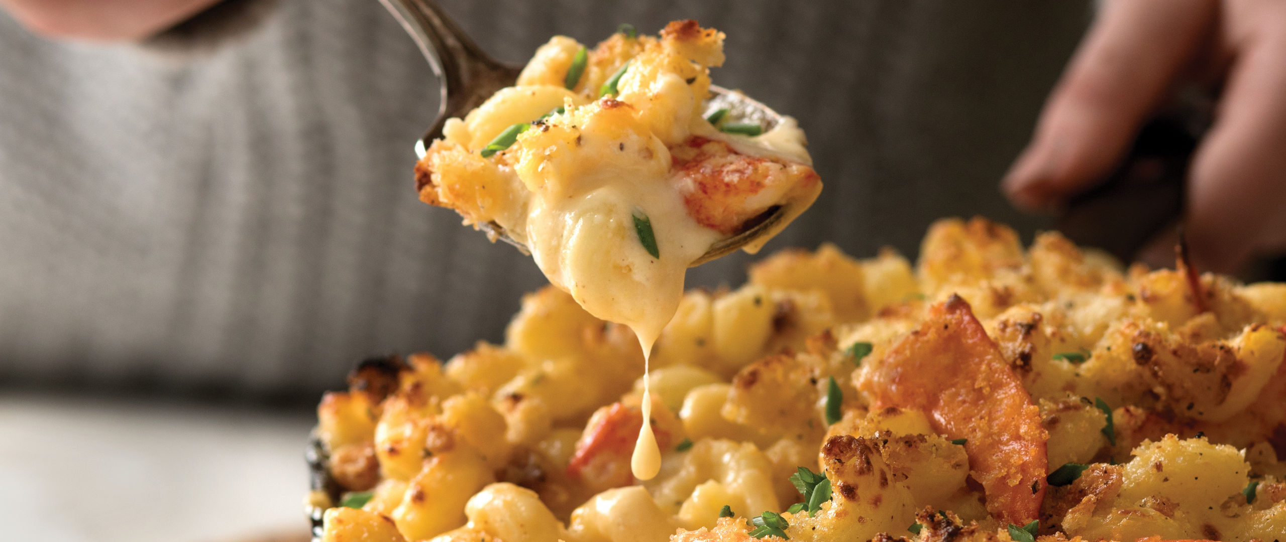 Decadent lobster mac and cheese served in a kitchen with white quartz countertops.