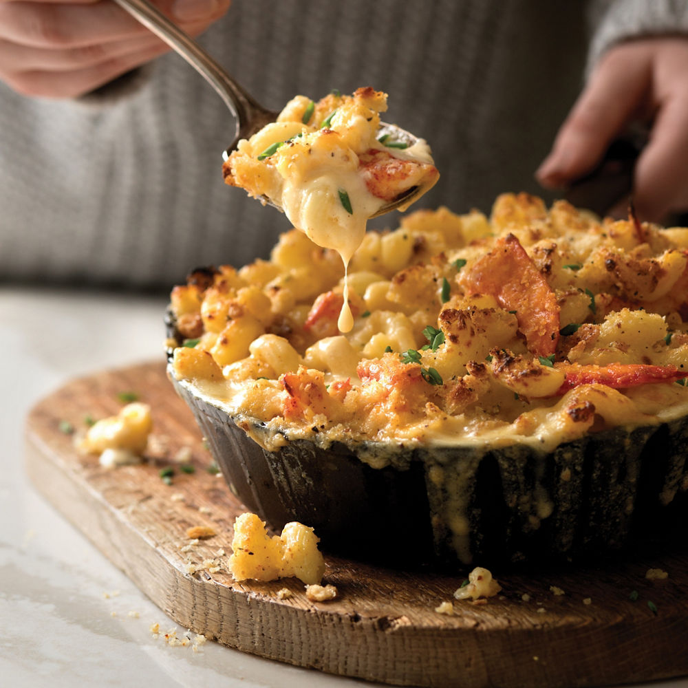 Decadent lobster mac and cheese served in a kitchen with white quartz countertops.