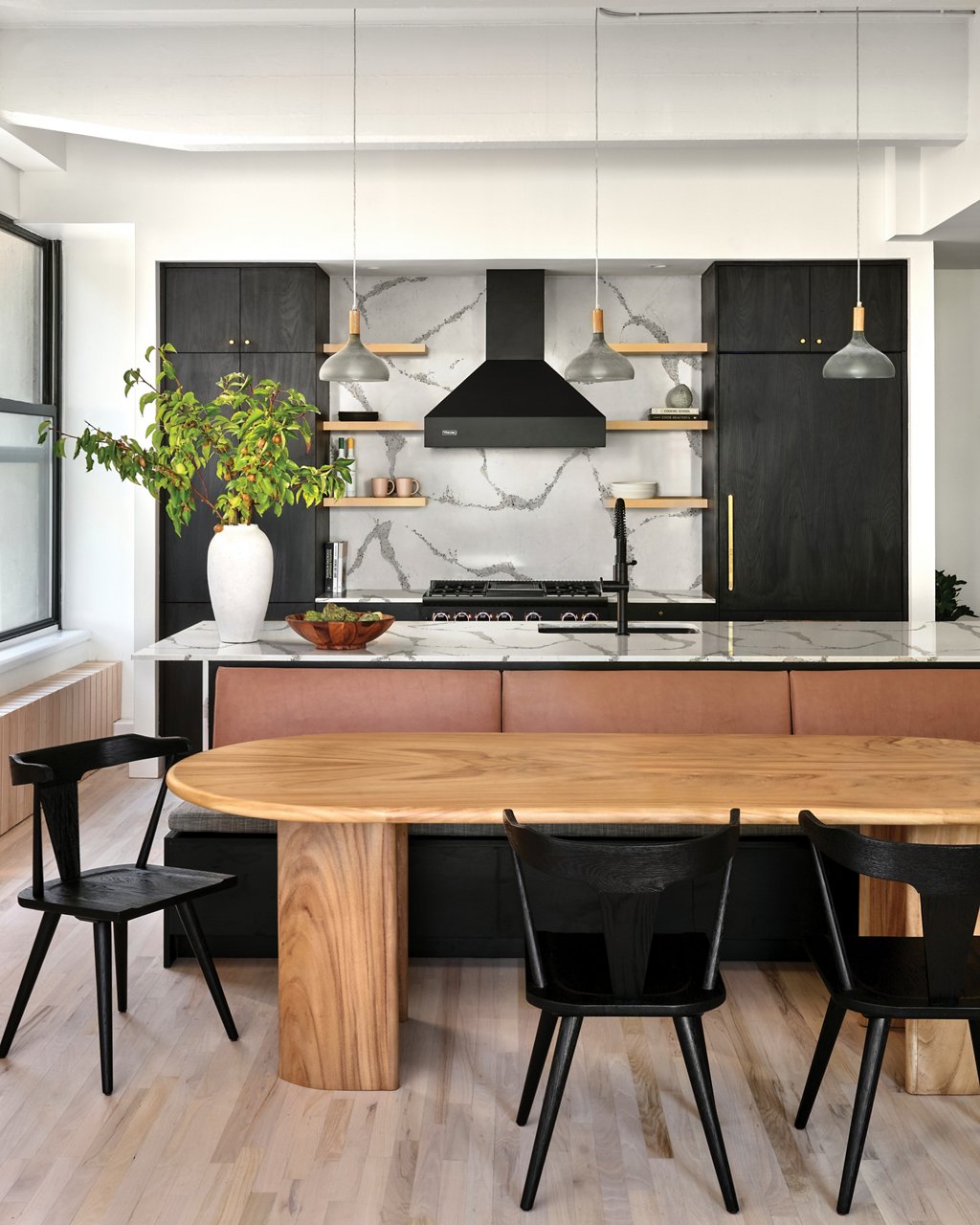 Rebecca Minkoff's headshot with background image of kitchen featuring Rebecca's design