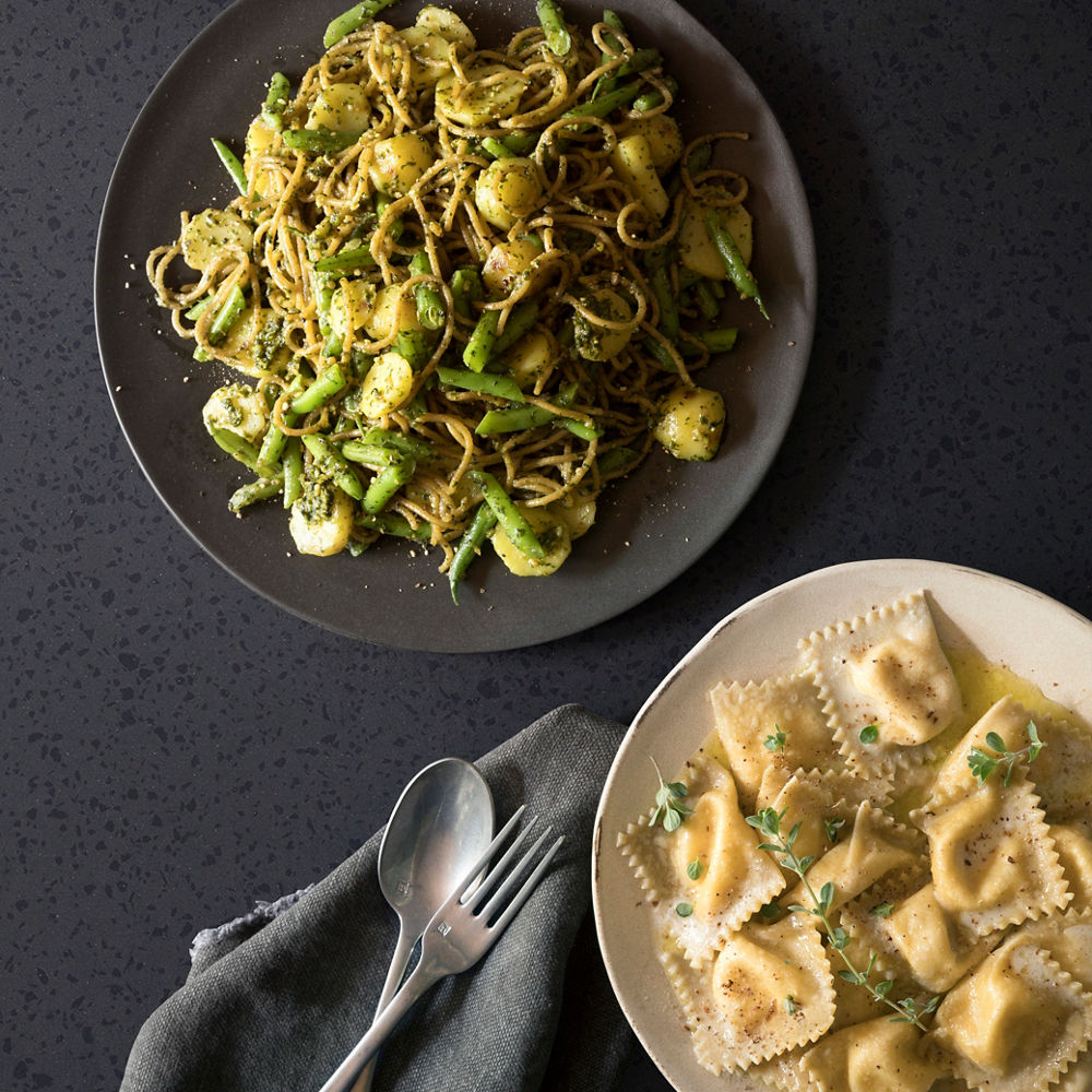 Pesto pasta with potatos & green beans. Fresh ravioli with nutmeg & marjoram