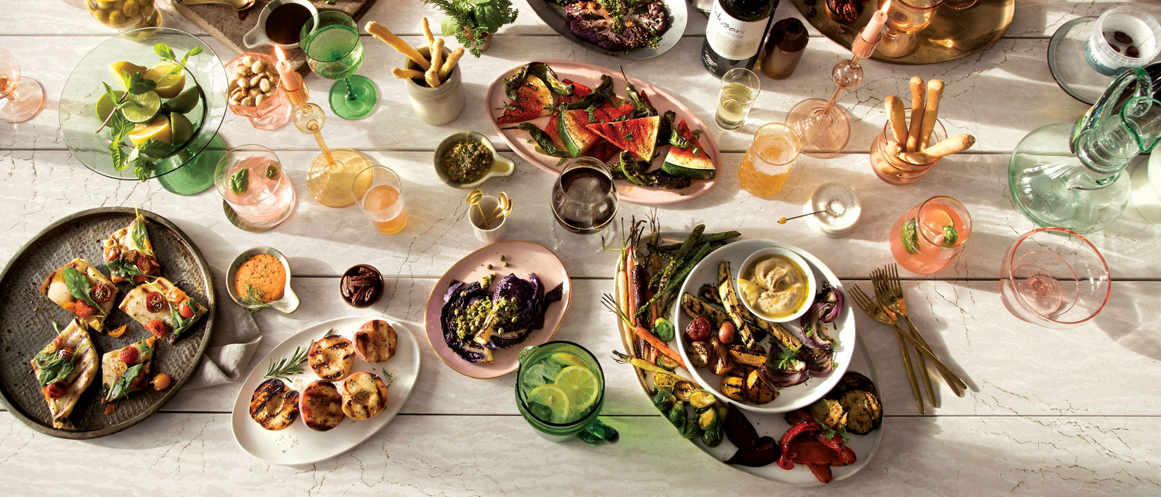 A buffet of food on top of Cambria Delgatie™.