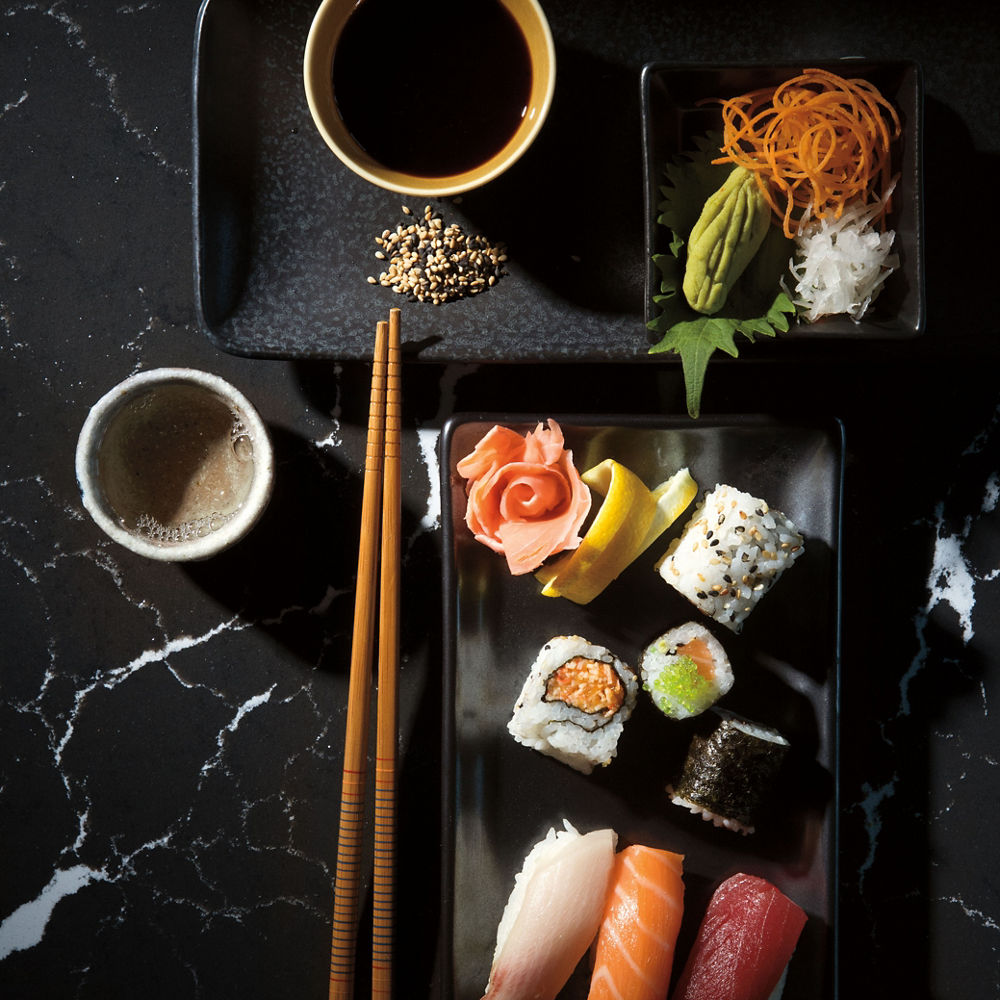 Sushi on Cambria Delgatie™ quartz countertops.