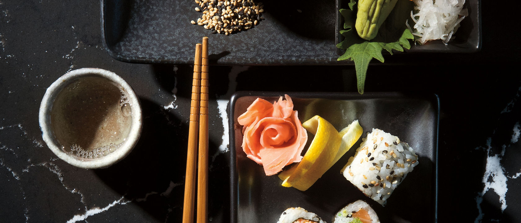 Sushi on Cambria Delgatie™ quartz countertops.