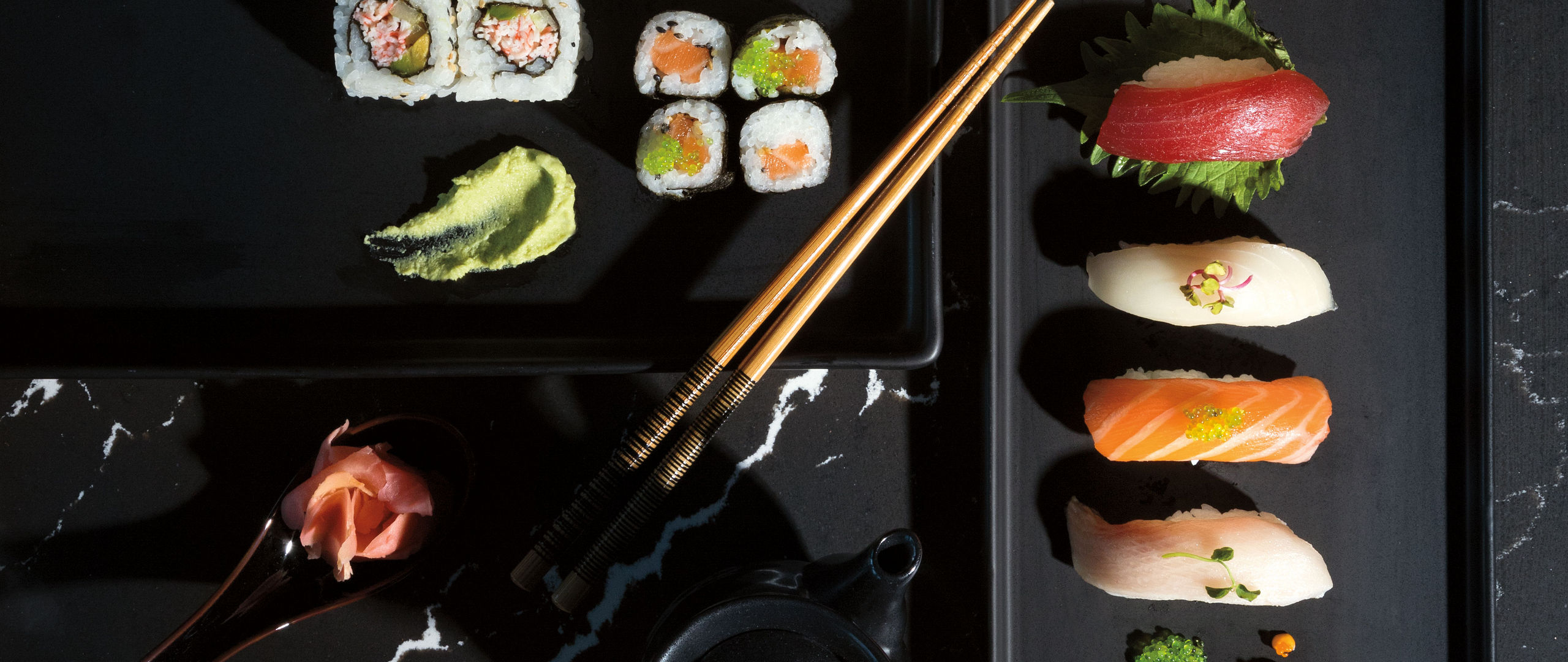 Sushi on Cambria Delgatie™ quartz countertops.