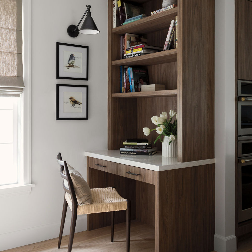 A small desk with delgatie quartz on top.