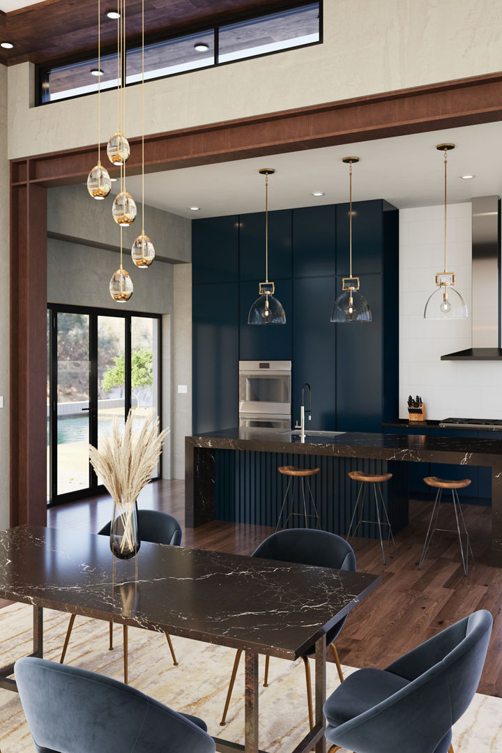 a beautiful space with a kitchen in the back with blue cabients, and Delamere hallow quartz island, with three bar stools, and gorgeous dining room table made from the same Delamere quartz and six blue dining room tables around it.