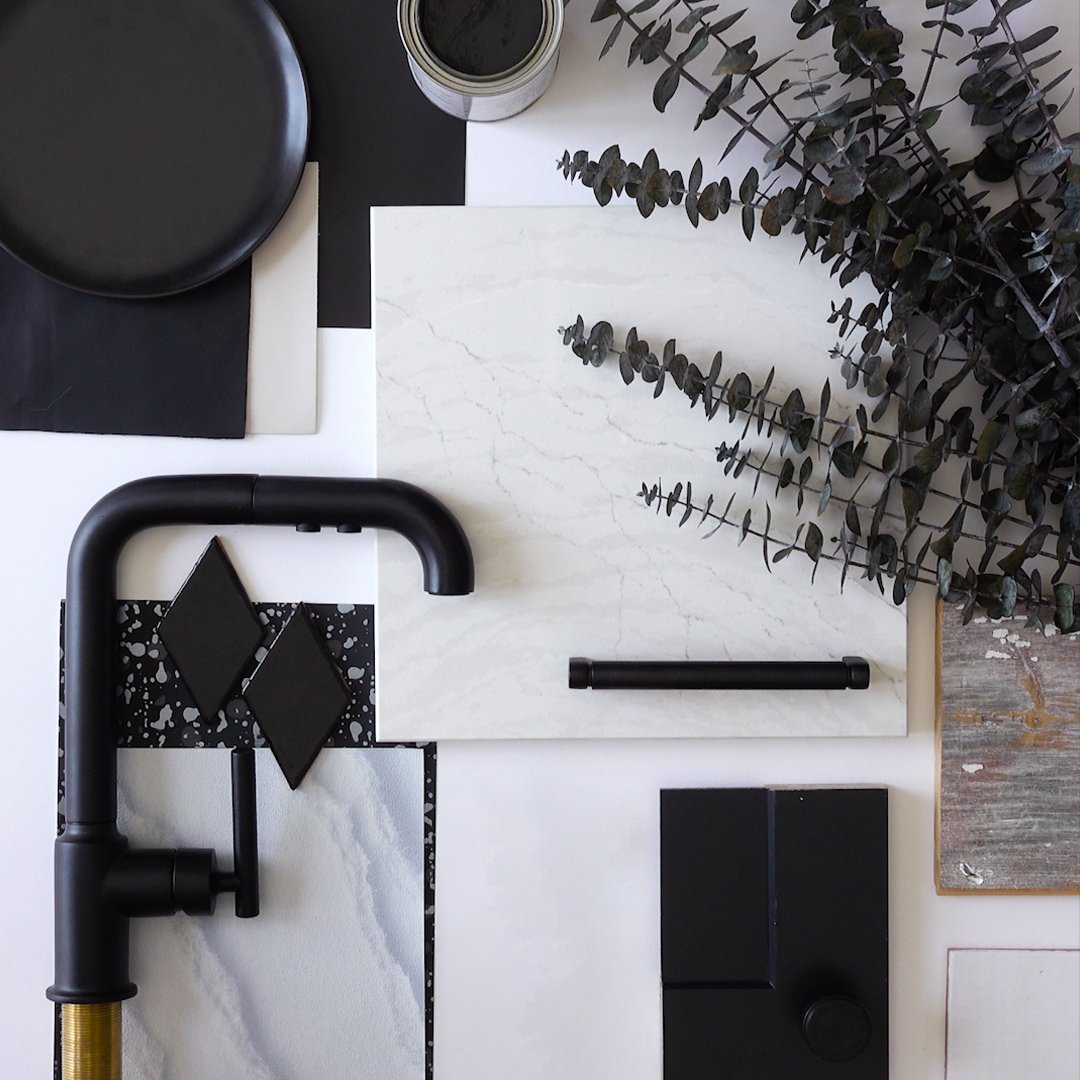 Cambria Delgatie design moodboard, featuring matte black faucet and drawer pulls