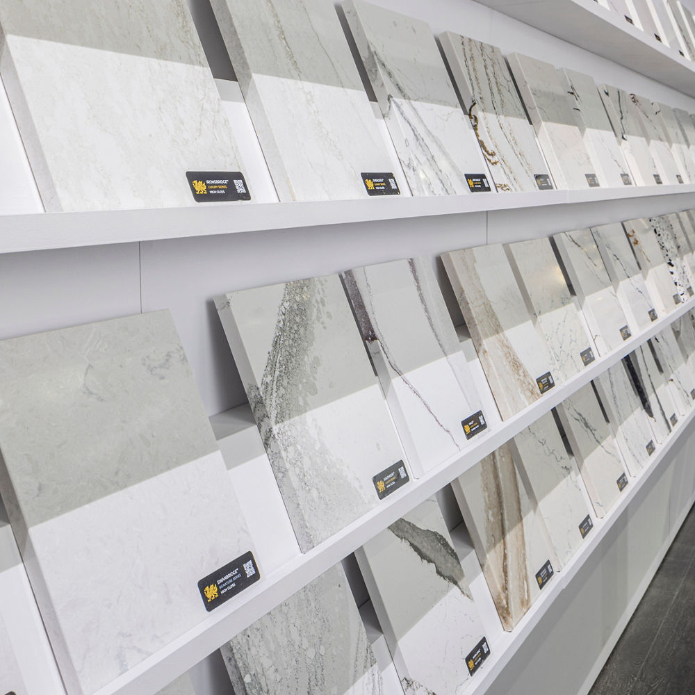 Wall of various white Cambria quartz samples