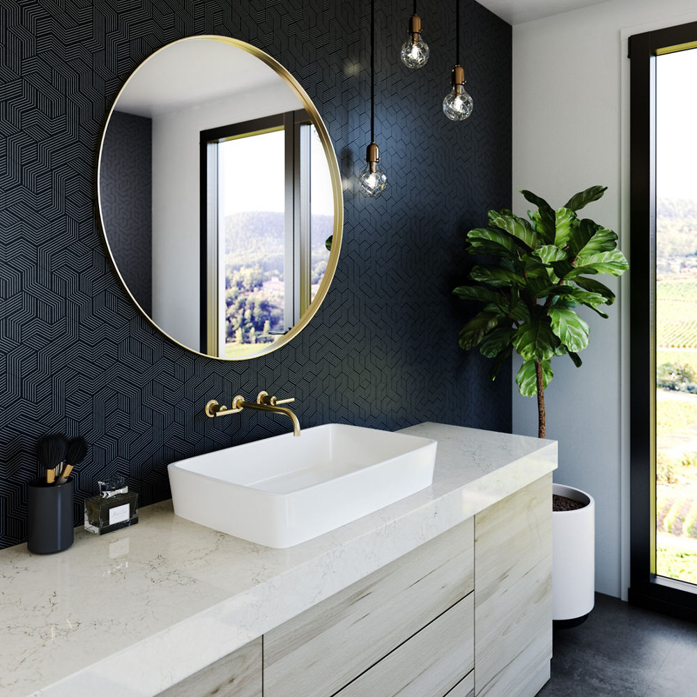 Dovestone quartz vanity in a bathroom with dark wallpaper