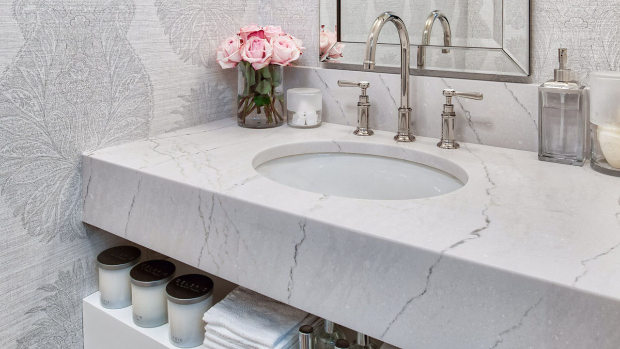 Ella quartz sink countertop in powder room.