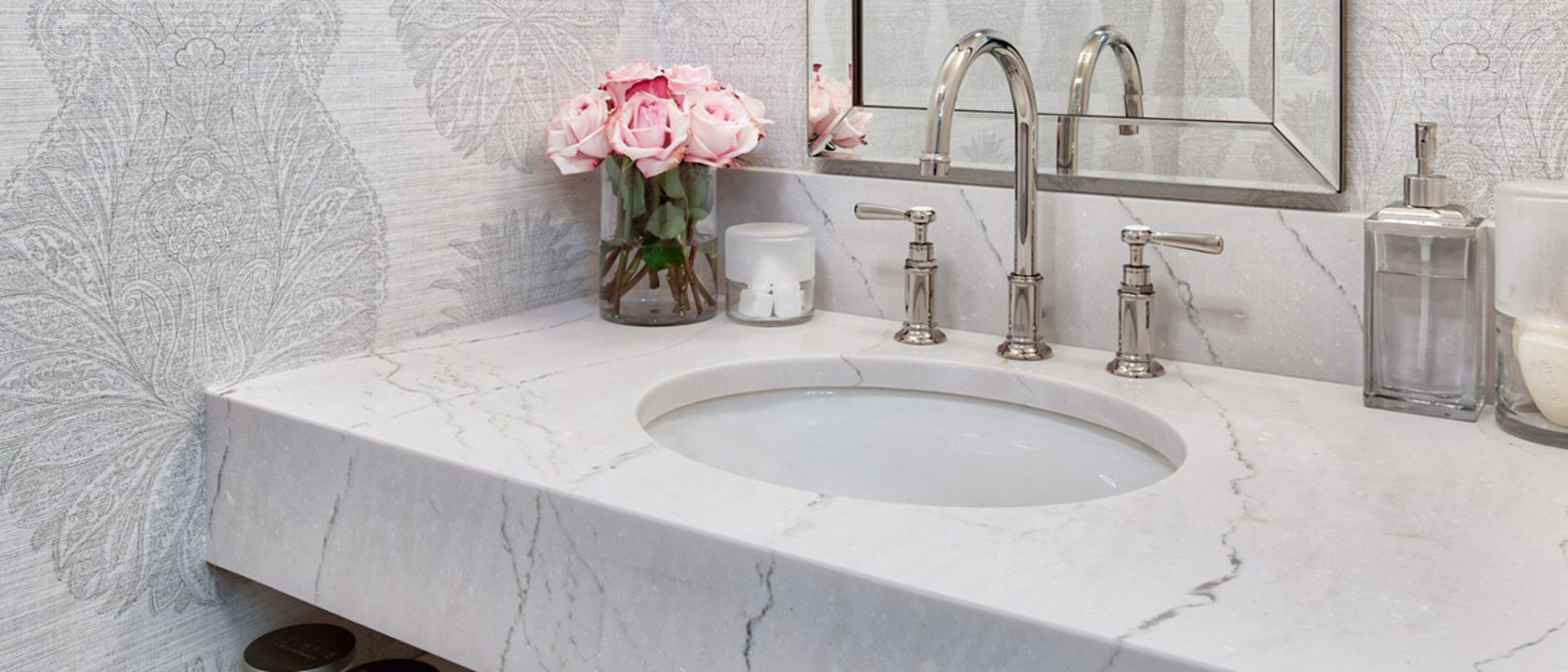Cambria Ella quartz powder room sink vanity countertop