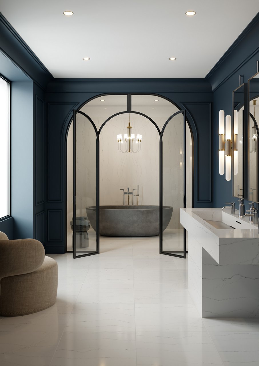 Modern bathroom featuring Cambria Ella quartz surfaces