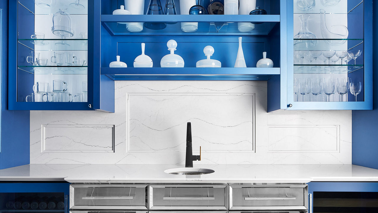 Cambria Ella quartz backsplash and countertops in Lake Forest Showhouse butler's pantry