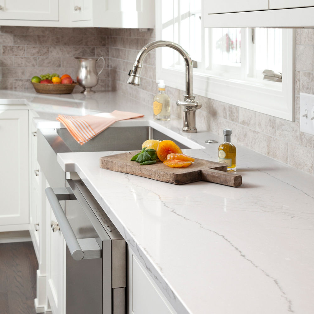 Cambria Ella quartz countertop with a stainless steel farmhouse sink