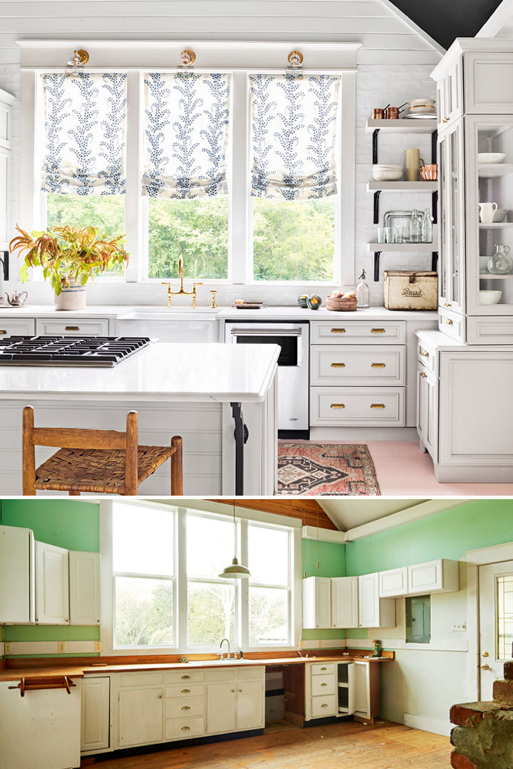 Two photos. The top photo features a farmhouse kitchen with Cambria Ella countertops. The bottom photo shows the same kitchen before being renovated.