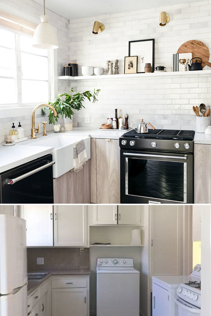 Two photos. The top photo features a kitchen with Cambria Ella Matte countertops. The bottom photo shows the same kitchen before being renovated.