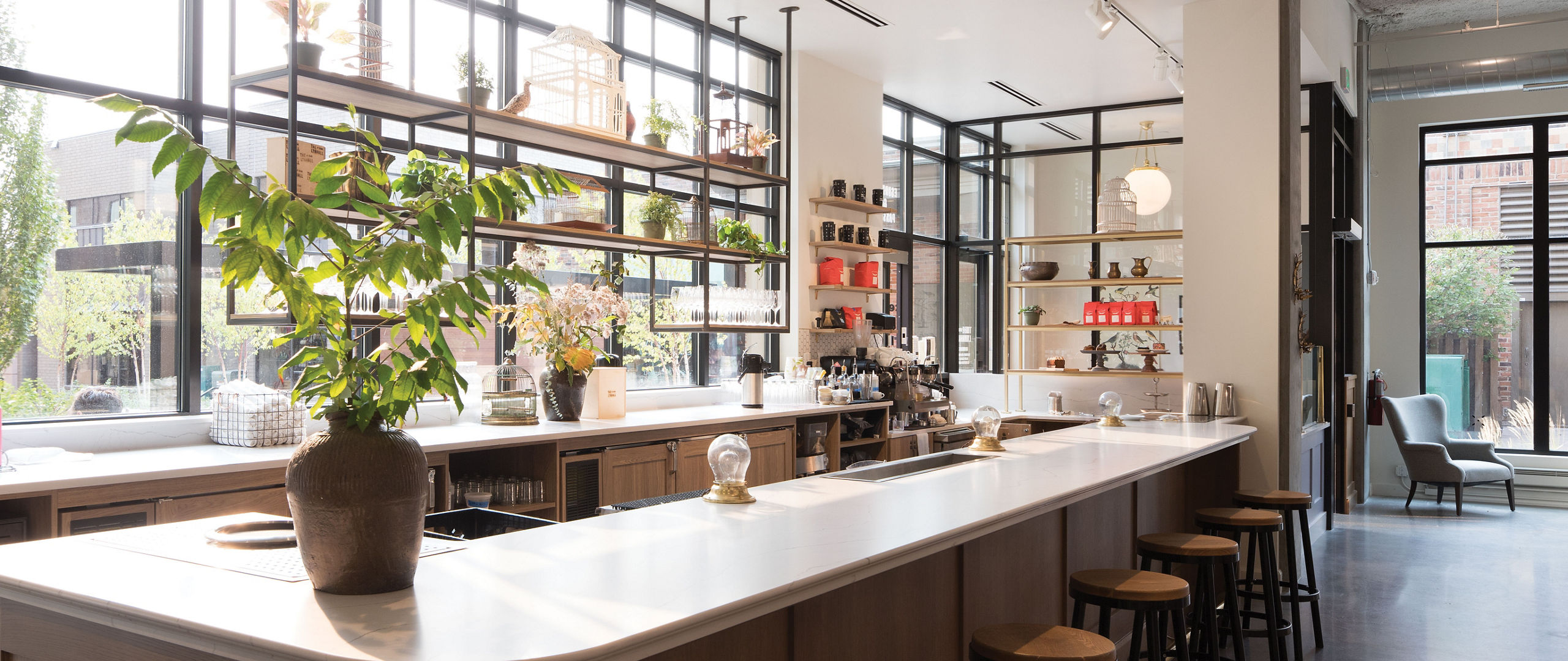 a restaurant bar with large windows, open shelving, and a bar made from light wood topped with white quartz.