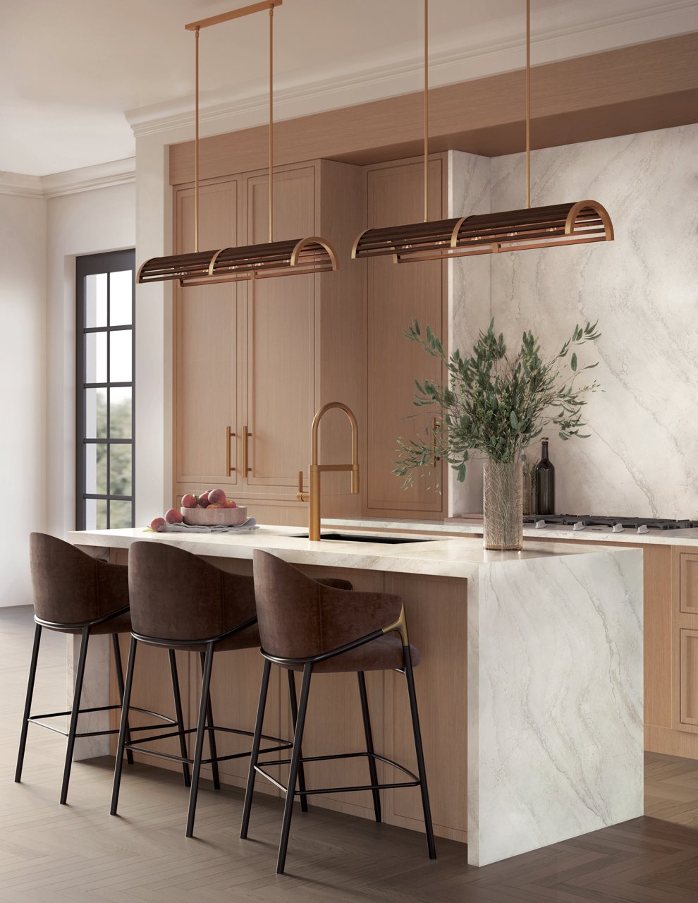 Oak kitchen with gold fixtures and Everleigh quartz waterfall countertop and backsplash