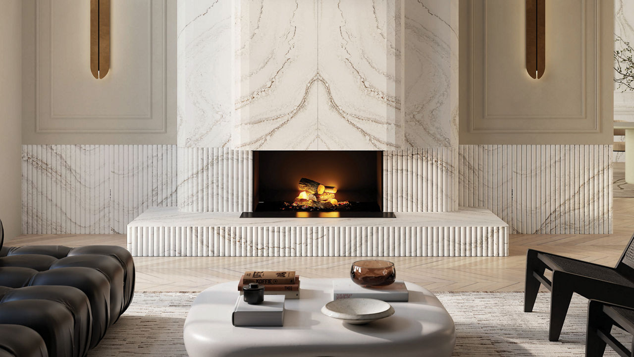 Everleigh quartz living room fireplace