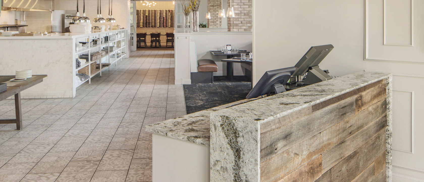 Restaurant District Wayzata with a Galloway quartz reception desk