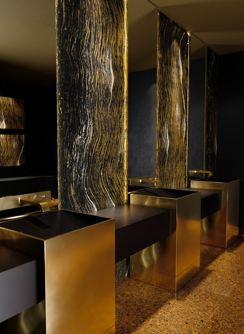 Cambria Golden Dragon quartz backsplash in bathroom