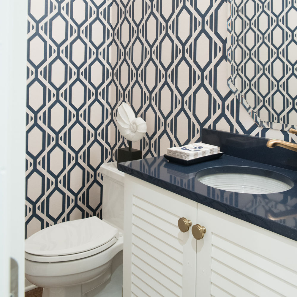 Custom Navy Blue bathroom Vanity with Brass Hardware