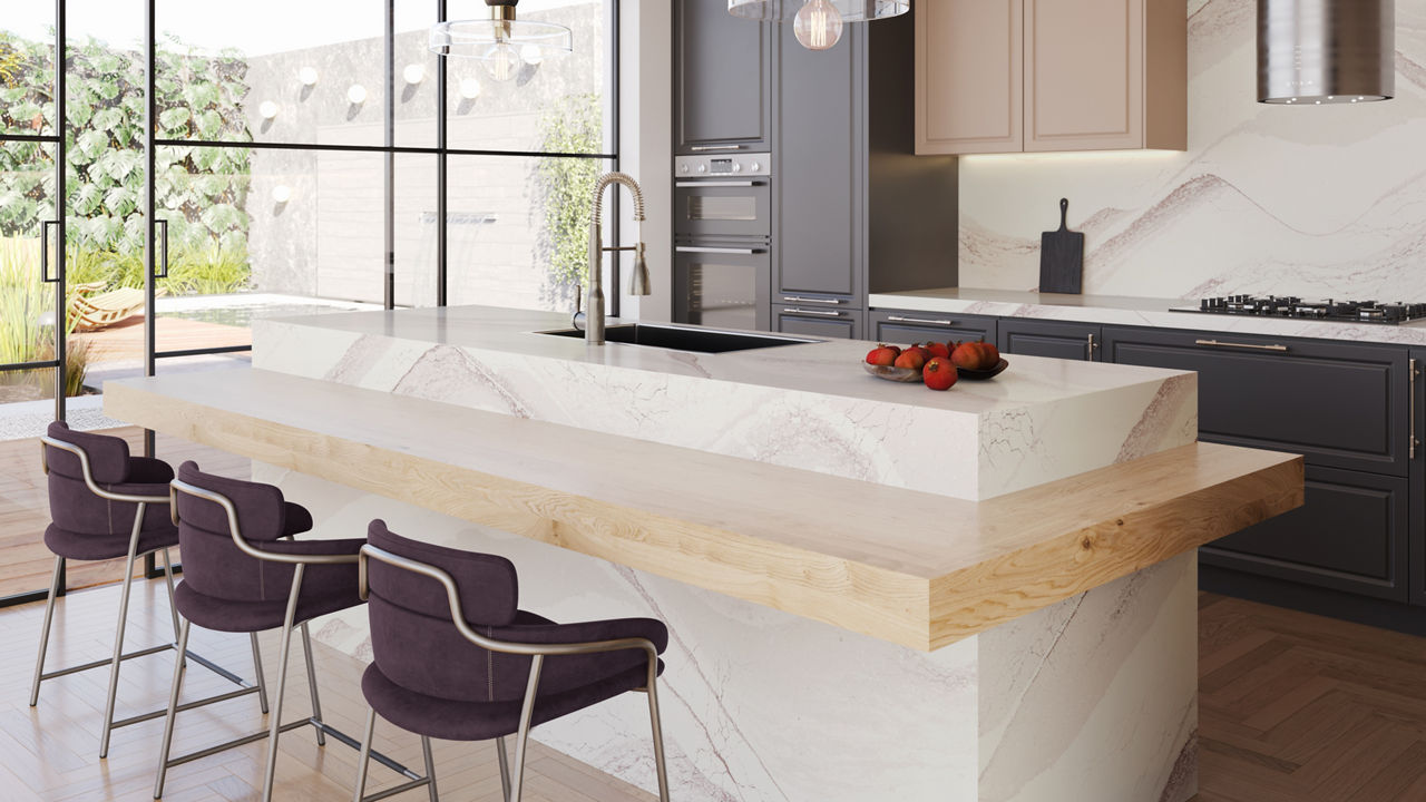 a modern kitchen with a white quartz center island with a rim of butcher block wooden countertops, three Burgundy barstools, dark brown cabinetry and matching quartz countertops and backsplash.