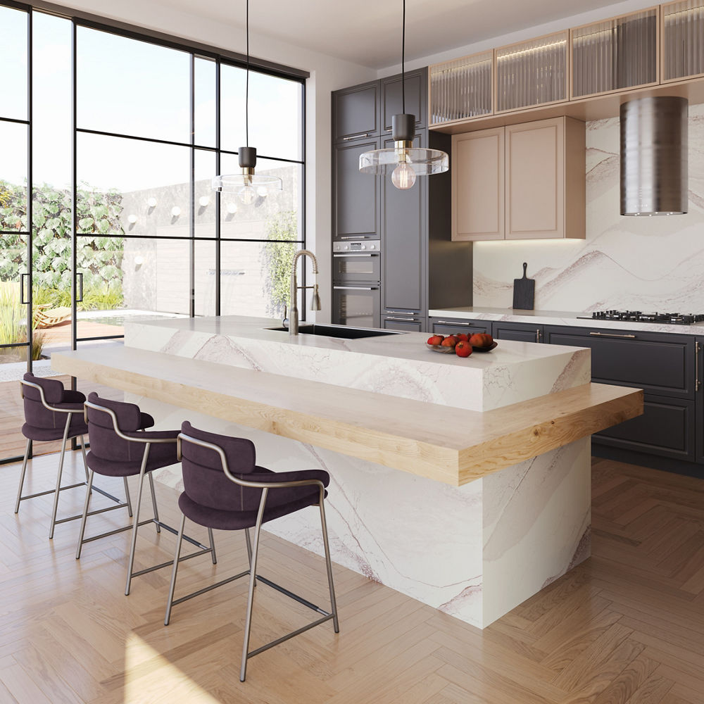 a modern kitchen with a white quartz center island with a rim of butcher block wooden countertops, three Burgundy barstools, dark brown cabinetry and matching quartz countertops and backsplash.