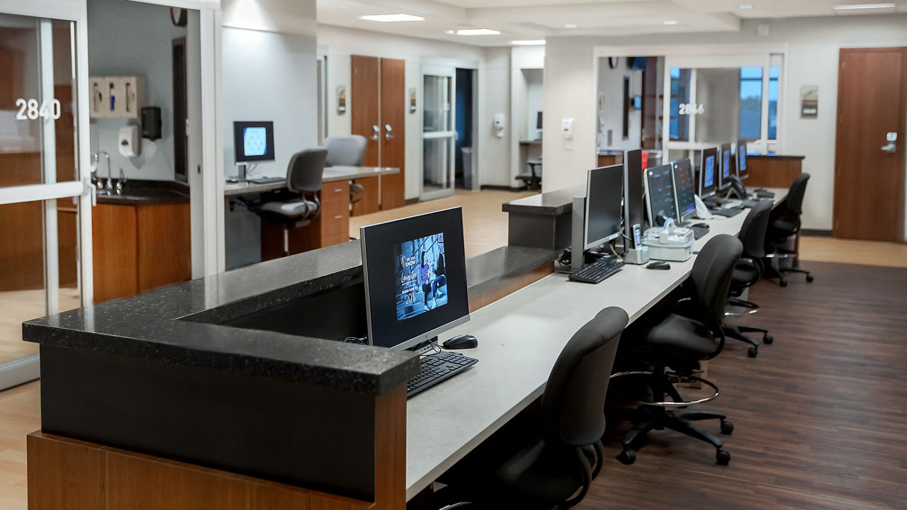 Cambria Hamilton quartz countertops on Sanford Heart Hospital reception desk